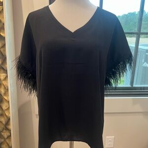 Eesome Black V-Neck Top with Feather Sleeves